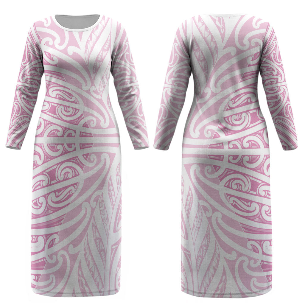 Pink New Zealand Puhoro Maori Tattoo Couples Matching Long Sleeve Bodycon Dress and Hawaiian Shirt LT14