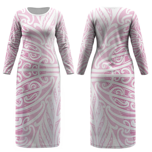 Pink New Zealand Puhoro Maori Tattoo Couples Matching Long Sleeve Bodycon Dress and Hawaiian Shirt LT14