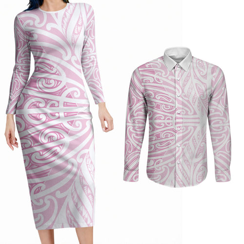 Pink New Zealand Puhoro Maori Tattoo Couples Matching Long Sleeve Bodycon Dress and Long Sleeve Button Shirt