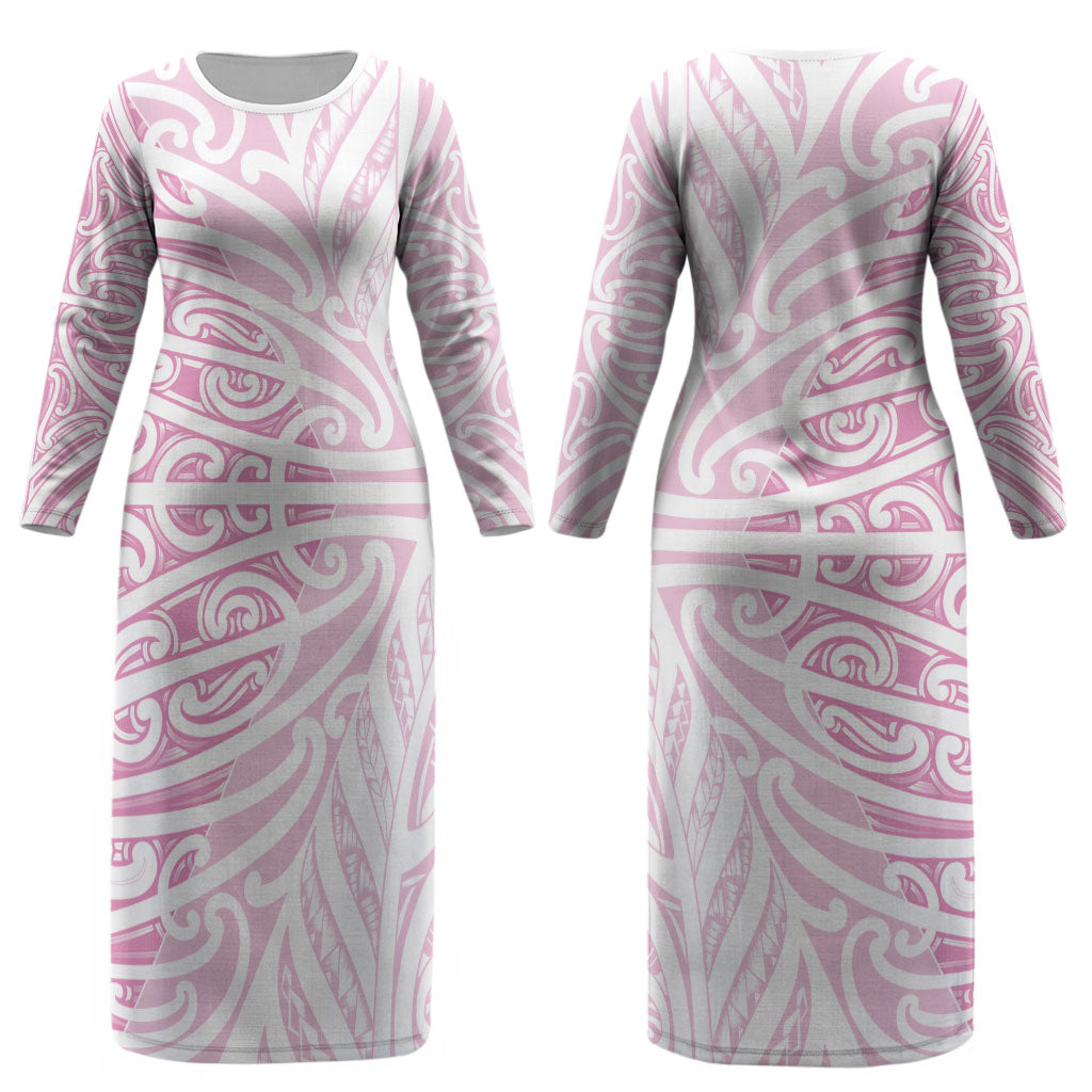 Pink New Zealand Puhoro Maori Tattoo Couples Matching Long Sleeve Bodycon Dress and Long Sleeve Button Shirt LT14