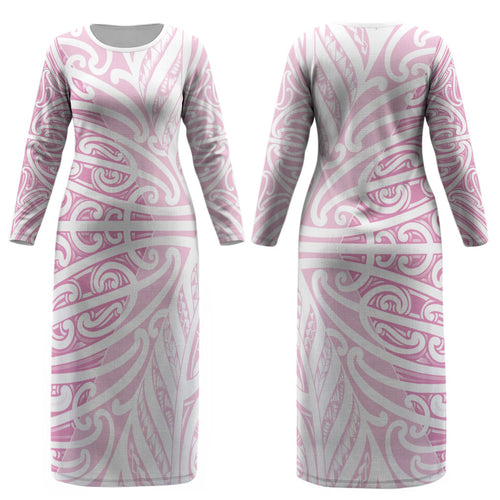 Pink New Zealand Puhoro Maori Tattoo Couples Matching Long Sleeve Bodycon Dress and Long Sleeve Button Shirt LT14