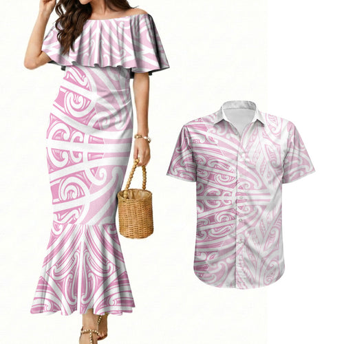 Pink New Zealand Puhoro Maori Tattoo Couples Matching Mermaid Dress and Hawaiian Shirt