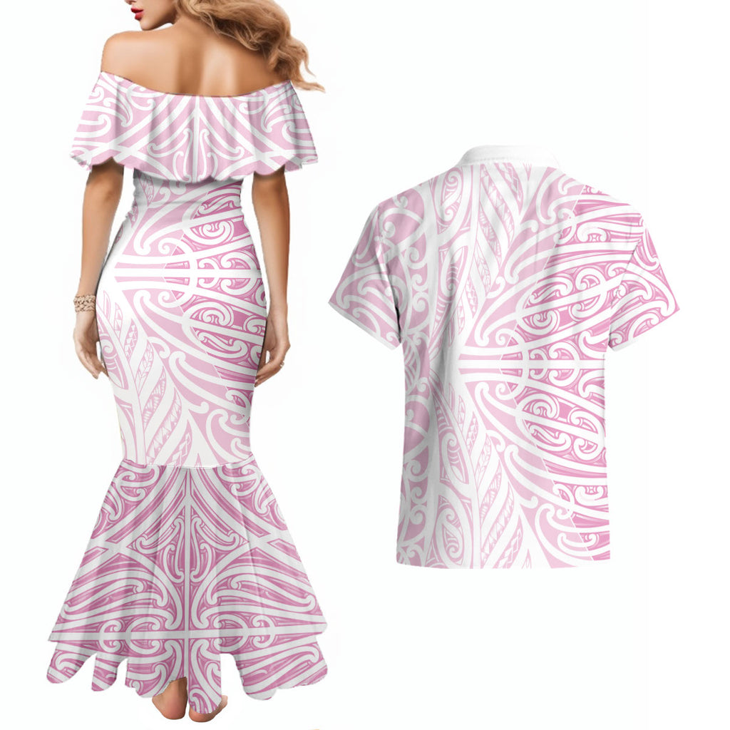 Pink New Zealand Puhoro Maori Tattoo Couples Matching Mermaid Dress and Hawaiian Shirt