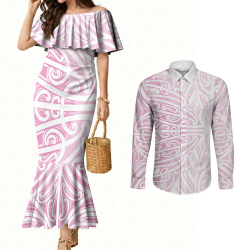 Pink New Zealand Puhoro Maori Tattoo Couples Matching Mermaid Dress and Long Sleeve Button Shirt