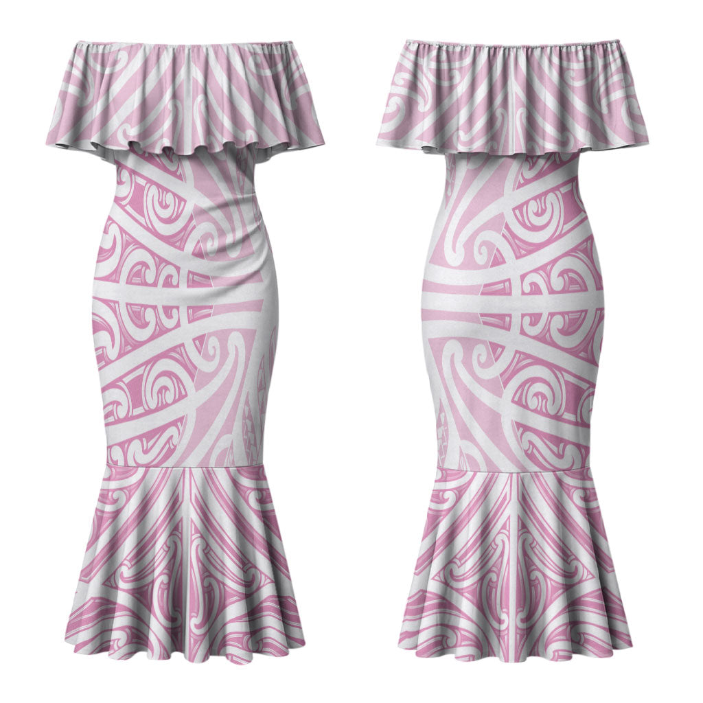 Pink New Zealand Puhoro Maori Tattoo Couples Matching Mermaid Dress and Long Sleeve Button Shirt LT14