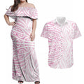 Pink New Zealand Puhoro Maori Tattoo Couples Matching Off Shoulder Maxi Dress and Hawaiian Shirt