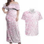 Pink New Zealand Puhoro Maori Tattoo Couples Matching Off Shoulder Maxi Dress and Hawaiian Shirt