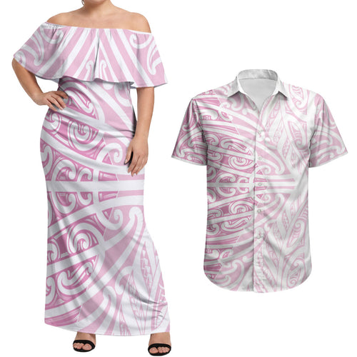 Pink New Zealand Puhoro Maori Tattoo Couples Matching Off Shoulder Maxi Dress and Hawaiian Shirt
