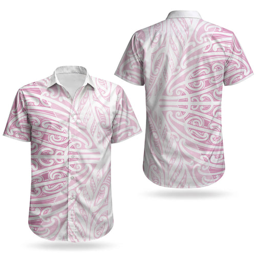 Pink New Zealand Puhoro Maori Tattoo Couples Matching Off Shoulder Maxi Dress and Hawaiian Shirt