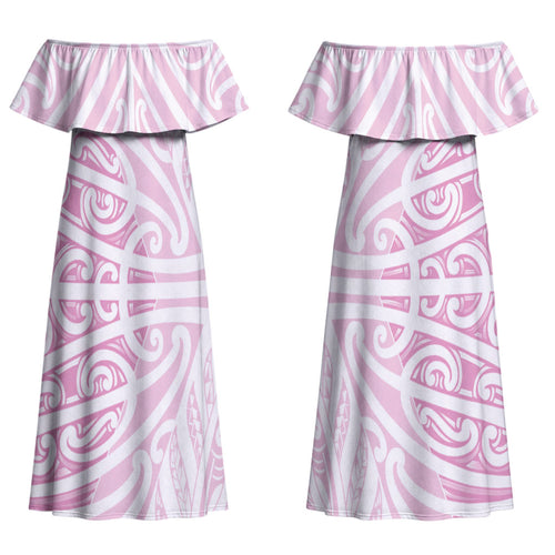 Pink New Zealand Puhoro Maori Tattoo Couples Matching Off Shoulder Maxi Dress and Hawaiian Shirt LT14