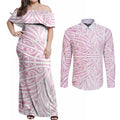 Pink New Zealand Puhoro Maori Tattoo Couples Matching Off Shoulder Maxi Dress and Long Sleeve Button Shirt