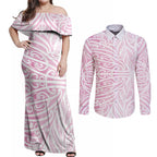 Pink New Zealand Puhoro Maori Tattoo Couples Matching Off Shoulder Maxi Dress and Long Sleeve Button Shirt