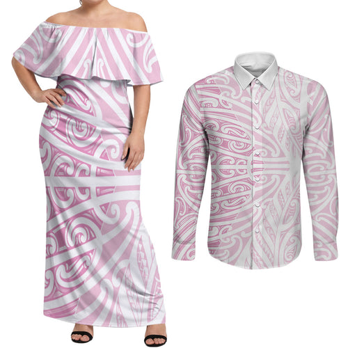 Pink New Zealand Puhoro Maori Tattoo Couples Matching Off Shoulder Maxi Dress and Long Sleeve Button Shirt