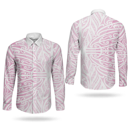 Pink New Zealand Puhoro Maori Tattoo Couples Matching Off Shoulder Maxi Dress and Long Sleeve Button Shirt