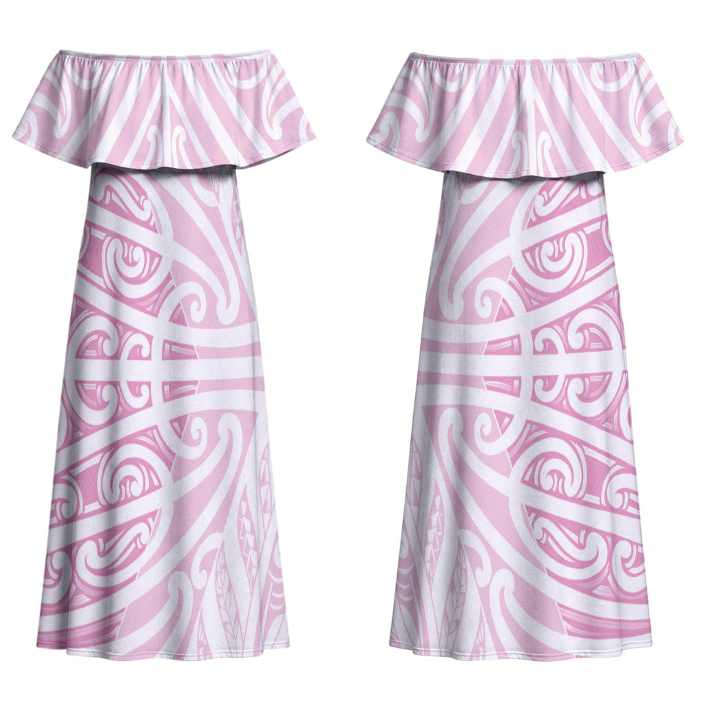 Pink New Zealand Puhoro Maori Tattoo Couples Matching Off Shoulder Maxi Dress and Long Sleeve Button Shirt LT14