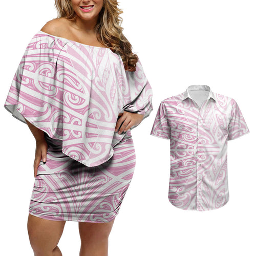 Pink New Zealand Puhoro Maori Tattoo Couples Matching Off Shoulder Short Dress and Hawaiian Shirt