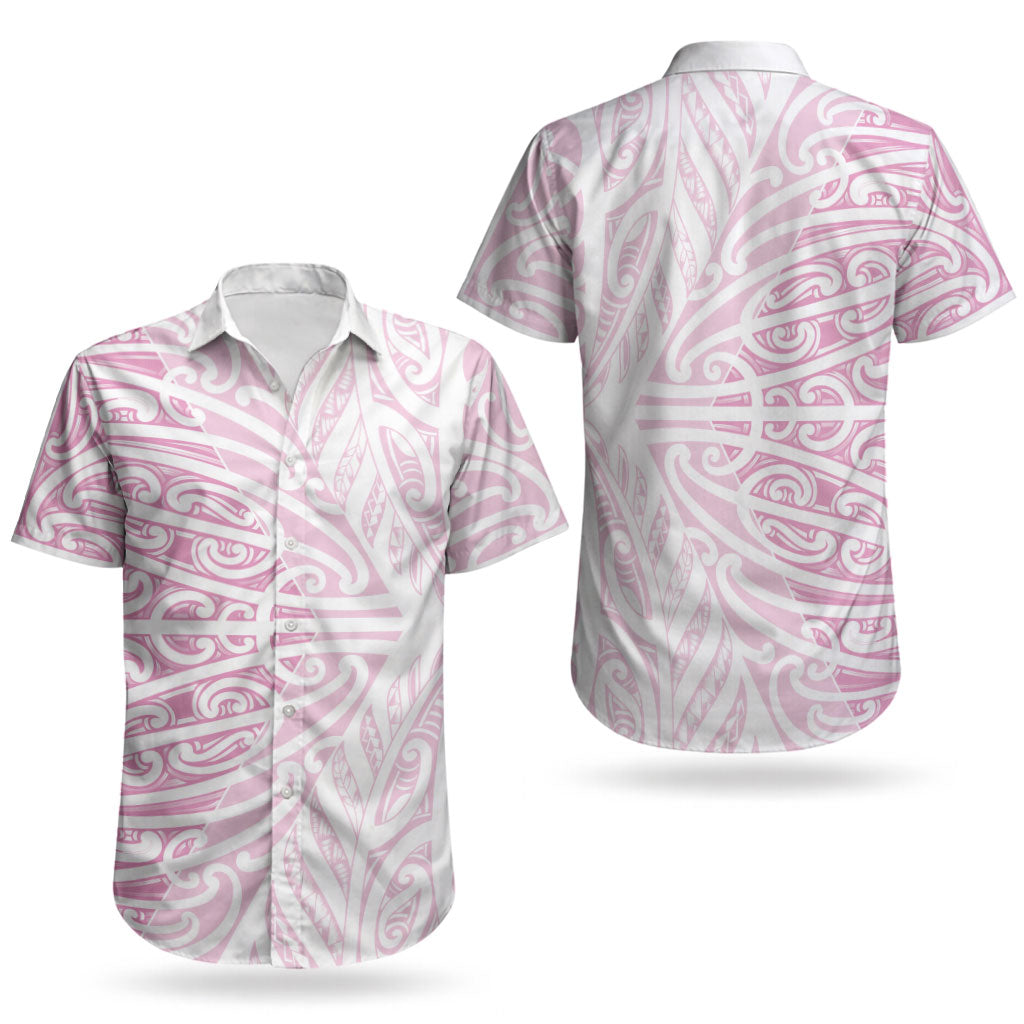 Pink New Zealand Puhoro Maori Tattoo Couples Matching Off Shoulder Short Dress and Hawaiian Shirt LT14