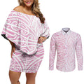 Pink New Zealand Puhoro Maori Tattoo Couples Matching Off Shoulder Short Dress and Long Sleeve Button Shirt