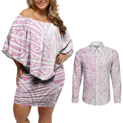 Pink New Zealand Puhoro Maori Tattoo Couples Matching Off Shoulder Short Dress and Long Sleeve Button Shirt