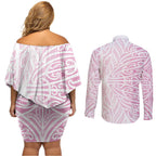 Pink New Zealand Puhoro Maori Tattoo Couples Matching Off Shoulder Short Dress and Long Sleeve Button Shirt