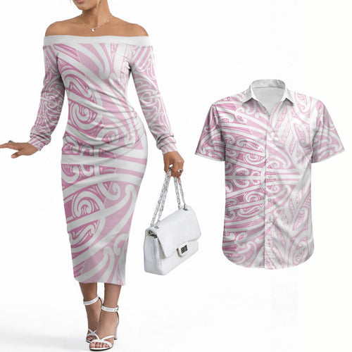 Pink New Zealand Puhoro Maori Tattoo Couples Matching Off The Shoulder Long Sleeve Dress and Hawaiian Shirt