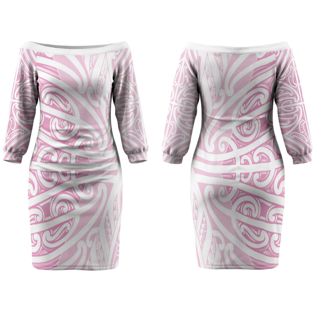 Pink New Zealand Puhoro Maori Tattoo Couples Matching Off The Shoulder Long Sleeve Dress and Hawaiian Shirt LT14