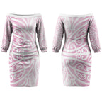 Pink New Zealand Puhoro Maori Tattoo Couples Matching Off The Shoulder Long Sleeve Dress and Hawaiian Shirt LT14
