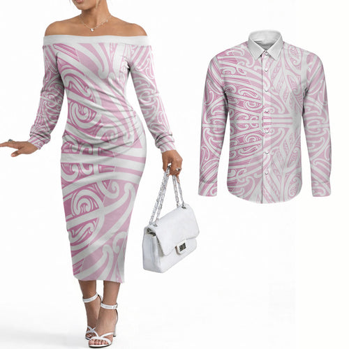 Pink New Zealand Puhoro Maori Tattoo Couples Matching Off The Shoulder Long Sleeve Dress and Long Sleeve Button Shirt