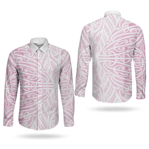 Pink New Zealand Puhoro Maori Tattoo Couples Matching Off The Shoulder Long Sleeve Dress and Long Sleeve Button Shirt