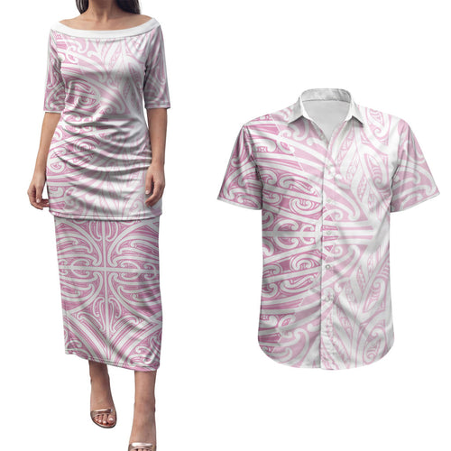 Pink New Zealand Puhoro Maori Tattoo Couples Matching Puletasi and Hawaiian Shirt