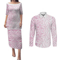 Pink New Zealand Puhoro Maori Tattoo Couples Matching Puletasi and Long Sleeve Button Shirt