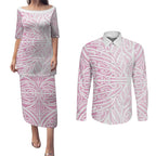 Pink New Zealand Puhoro Maori Tattoo Couples Matching Puletasi and Long Sleeve Button Shirt