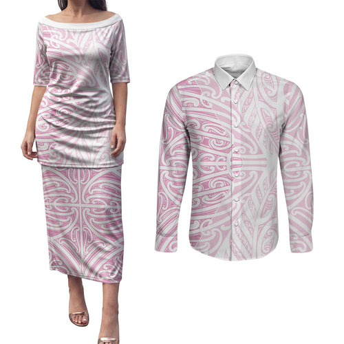 Pink New Zealand Puhoro Maori Tattoo Couples Matching Puletasi and Long Sleeve Button Shirt