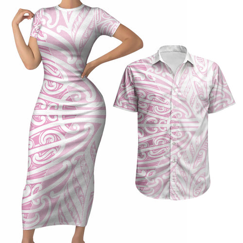 Pink New Zealand Puhoro Maori Tattoo Couples Matching Short Sleeve Bodycon Dress and Hawaiian Shirt