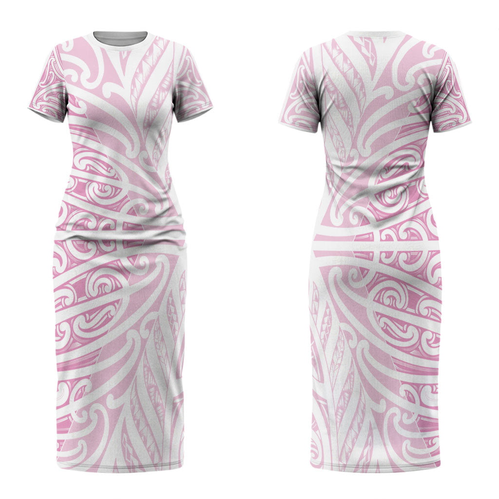 Pink New Zealand Puhoro Maori Tattoo Couples Matching Short Sleeve Bodycon Dress and Hawaiian Shirt LT14