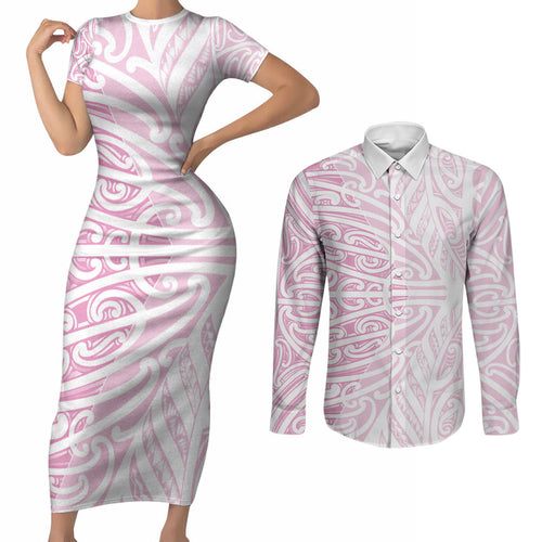 Pink New Zealand Puhoro Maori Tattoo Couples Matching Short Sleeve Bodycon Dress and Long Sleeve Button Shirt