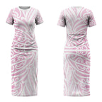 Pink New Zealand Puhoro Maori Tattoo Couples Matching Short Sleeve Bodycon Dress and Long Sleeve Button Shirt LT14