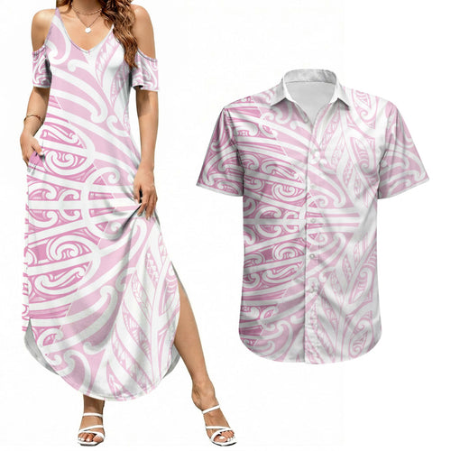 Pink New Zealand Puhoro Maori Tattoo Couples Matching Summer Maxi Dress and Hawaiian Shirt