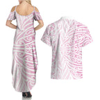 Pink New Zealand Puhoro Maori Tattoo Couples Matching Summer Maxi Dress and Hawaiian Shirt