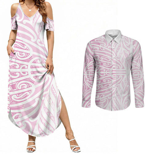Pink New Zealand Puhoro Maori Tattoo Couples Matching Summer Maxi Dress and Long Sleeve Button Shirt