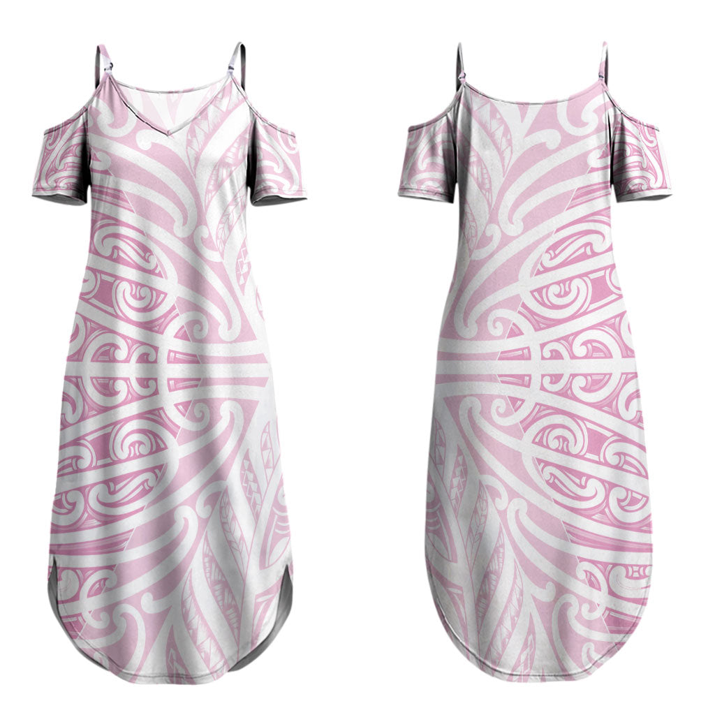 Pink New Zealand Puhoro Maori Tattoo Couples Matching Summer Maxi Dress and Long Sleeve Button Shirt LT14