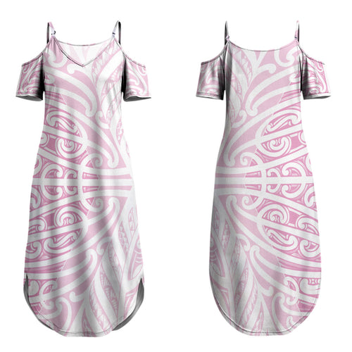 Pink New Zealand Puhoro Maori Tattoo Couples Matching Summer Maxi Dress and Long Sleeve Button Shirt LT14