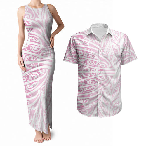 Pink New Zealand Puhoro Maori Tattoo Couples Matching Tank Maxi Dress and Hawaiian Shirt
