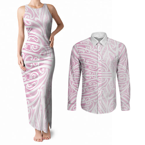 Pink New Zealand Puhoro Maori Tattoo Couples Matching Tank Maxi Dress and Long Sleeve Button Shirt