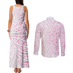Pink New Zealand Puhoro Maori Tattoo Couples Matching Tank Maxi Dress and Long Sleeve Button Shirt