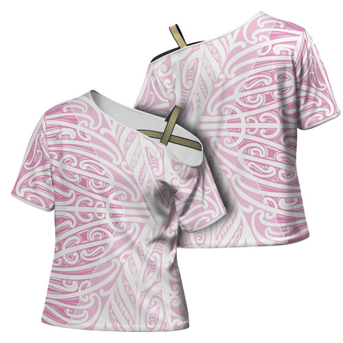 Pink New Zealand Puhoro Maori Tattoo Cross Shoulder Shirt