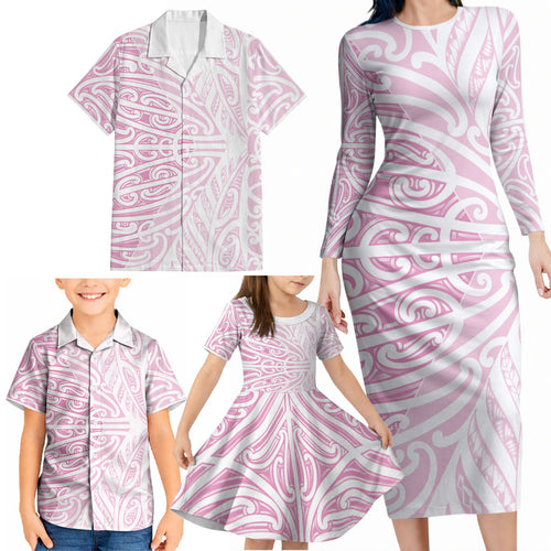 Pink New Zealand Puhoro Maori Tattoo Family Matching Long Sleeve Bodycon Dress and Hawaiian Shirt