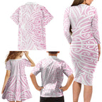 Pink New Zealand Puhoro Maori Tattoo Family Matching Long Sleeve Bodycon Dress and Hawaiian Shirt