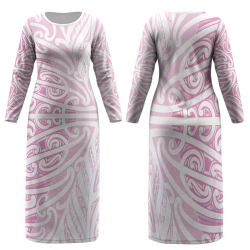 Pink New Zealand Puhoro Maori Tattoo Family Matching Long Sleeve Bodycon Dress and Hawaiian Shirt