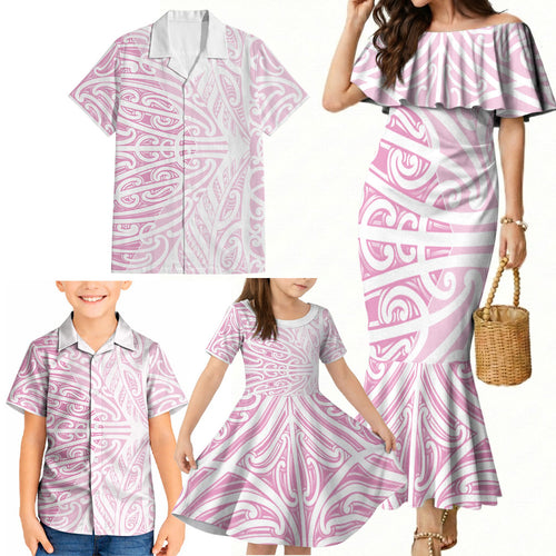 Pink New Zealand Puhoro Maori Tattoo Family Matching Mermaid Dress and Hawaiian Shirt